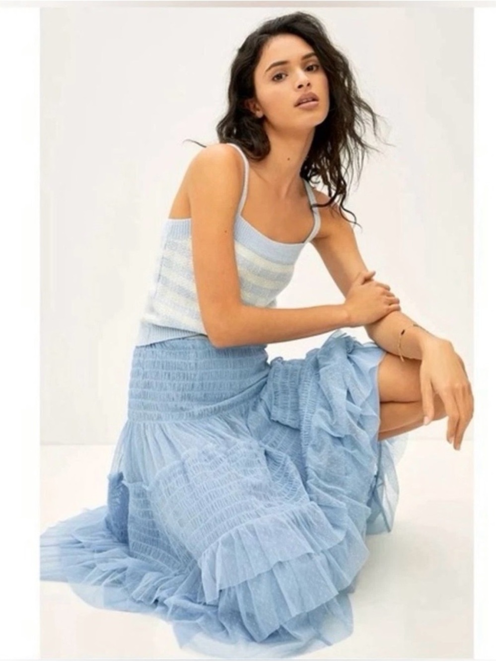 Anthropologie Maeve Tulle Midi Blue Swiss Dot Mesh Skirt Size Medium - Picture 3 of 10